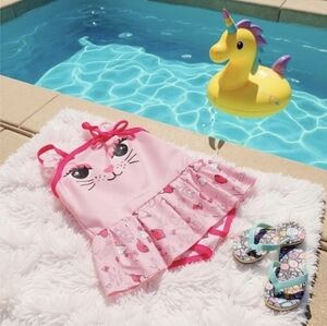 Betsey Johnson Cat Face Swimsuit – Toddler Girls 24M, Pink & Black, UPF 50+